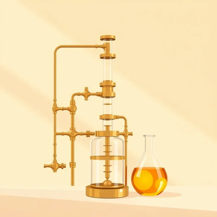 Eine detaillierte redaktionelle Illustration historischer chemischer Destillationsgeräte aus Messing und Glas neben einem bernsteinfarbenen Becherglas.