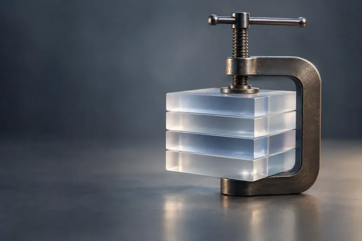 Redaktionelle Illustration eines kompakten Stapels transparenter Blöcke, der von einer Metallklemme zusammengehalten wird und die Komponenten eines produktiven KI-Releases darstellt.