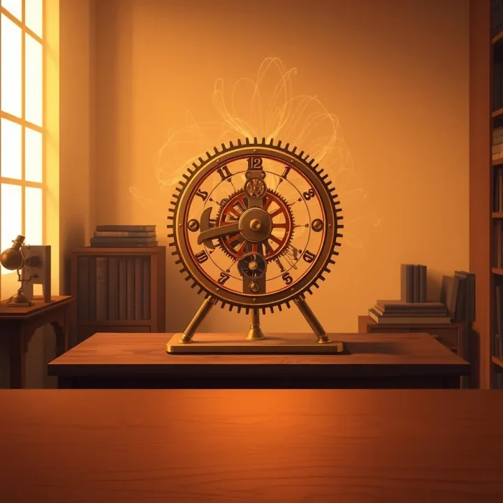 Eine redaktionelle Illustration eines nostalgischen Messing-Zahnradgetriebes, das nahtlos mit leuchtenden Glasfasern kombiniert ist, auf einer hölzernen Schreibtischplatte in einem warmen, bernsteinfarben beleuchteten Arbeitszimmer.
