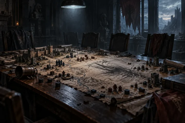 An abandoned real-time strategy command table with scattered markers, empty chairs and a half-erased campaign map under a cold overhead light.