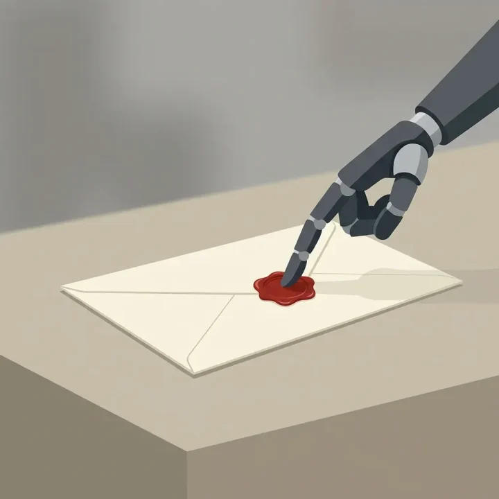 Una ilustración editorial limpia en formato horizontal que muestra un dedo robótico colocando un sello de cera roja sobre el sobre de un correo electrónico.