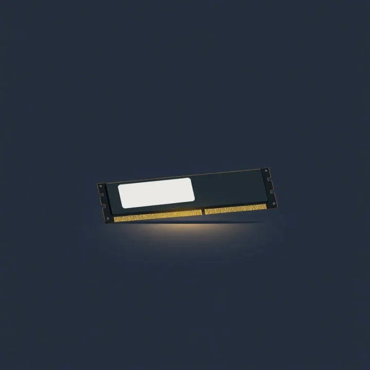 A minimalist computer memory module resting on a dark, reflective surface against a simple grey background.