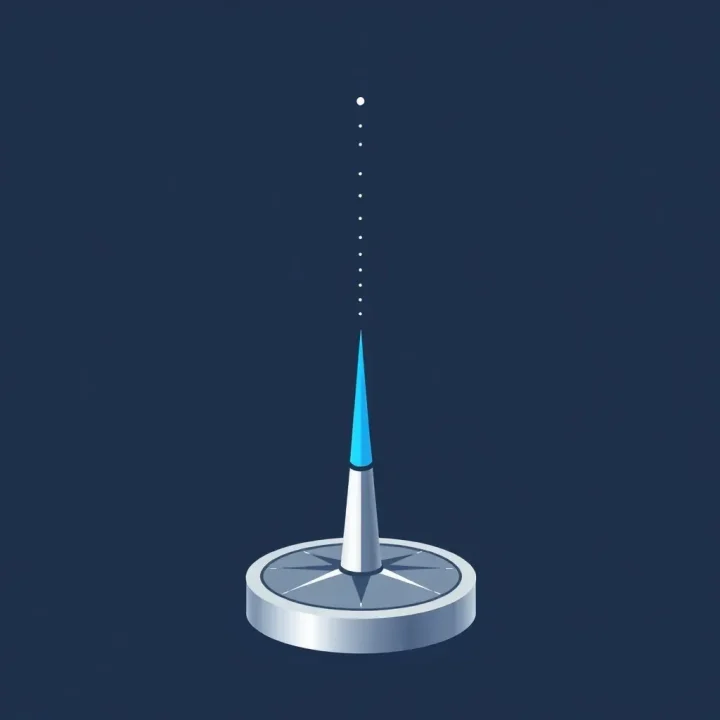 Una brújula metálica minimalista con una aguja azul brillante sobre un fondo añil oscuro, que proyecta un tenue haz de puntos hacia el espacio abierto.