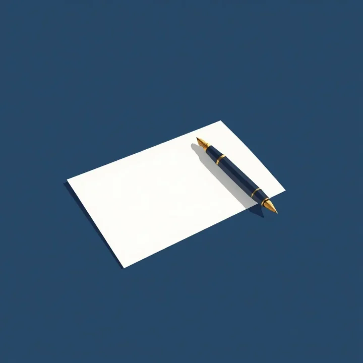 Uma caneta-tinteiro vintage repousa sobre uma folha de papel branco, iluminada contra um fundo azul-marinho.
