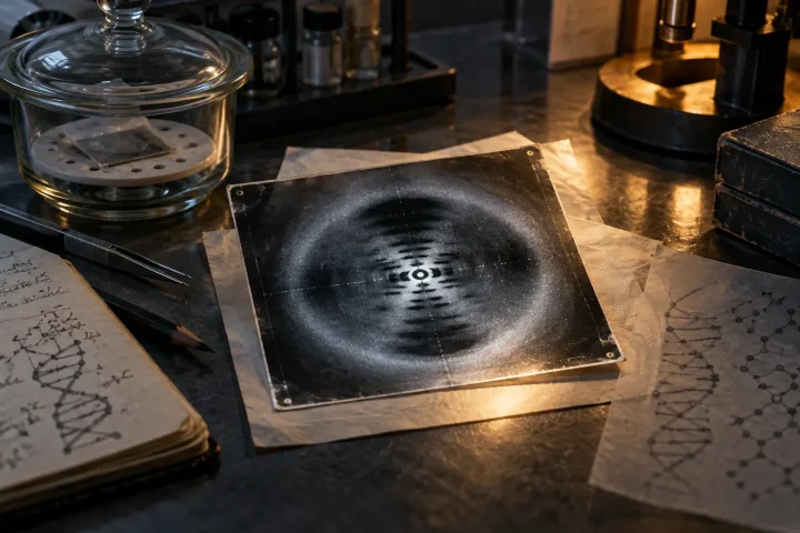 Una mesa de laboratorio de archivo con un negativo luminoso de difracción de rayos X que representa la Foto 51 del ADN, junto a un desecador de vidrio, el borde de un cuaderno, anotaciones manuscritas abstractas y una geometría molecular reflejada, en tonos carbón, plateado, azul profundo y ámbar cálido.