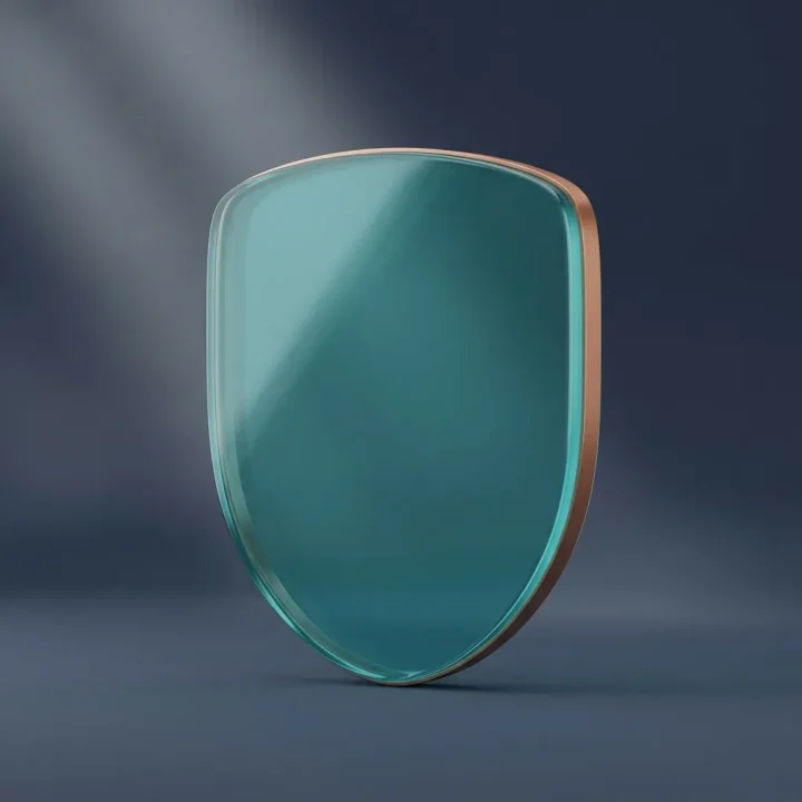 Um escudo central de vidro azul-turquesa translúcido repousando sobre um pedestal geométrico envolvido por uma fita de cobre em um salão azul-marinho minimalista.