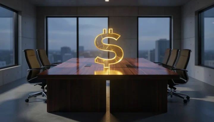 A modern corporate boardroom table split by a glowing golden digital currency symbol under dramatic twilight lighting.