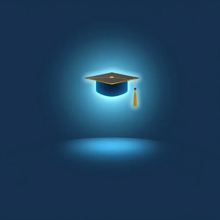 Ilustração minimalista de um flashcard digital brilhante se transformando em um capelo de formatura sobre uma superfície escura.