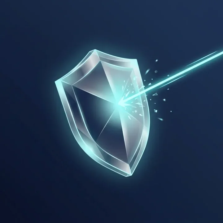 Ein transluzenter Kristallschild, der in cyanfarbenem Licht leuchtet, lenkt einen Strahl digitaler Energie vor einem dunkelblauen Hintergrund ab.