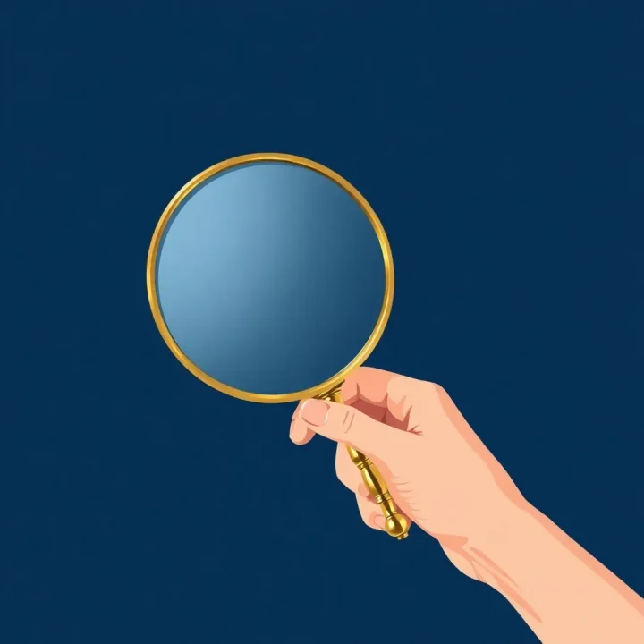 Une main tenant un miroir en laiton poli sur un fond indigo profond, révélant le reflet flou d'une silhouette iridescente.