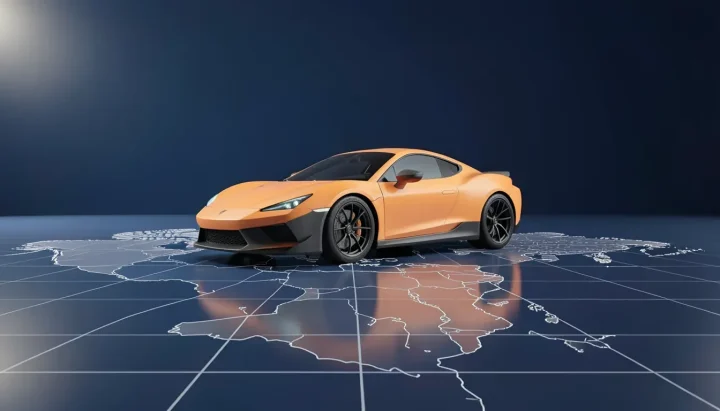 Ein stilisiertes Rennauto in Papaya-Orange und Grau auf einem halbtransparenten Navigationskarten-Raster vor dunkelblauem Hintergrund.