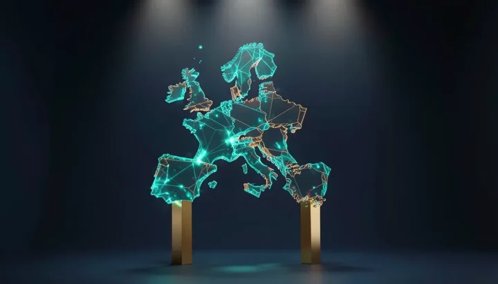 Editorial illustration of an illuminated geometric glass map sculpture of Europe supported by brass pillars on a navy background.