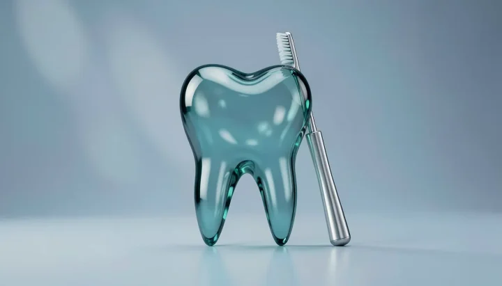 Ein großer, transparenter, teal-farbener Backenzahn aus Glas steht zentral neben einem eleganten, silbernen Dentalwerkzeug vor einem weichen blau-grauen Hintergrund.