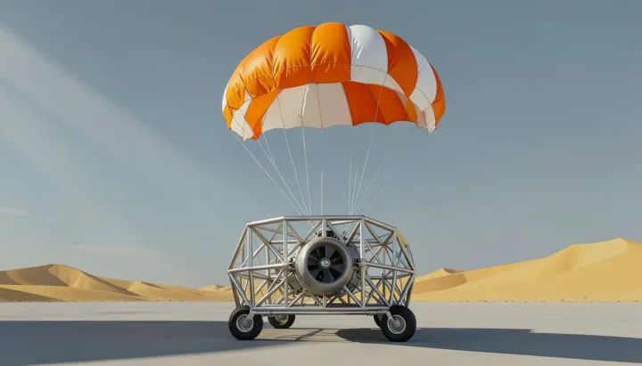 Ilustración editorial de un vehículo experimental de entrenamiento de armazón abierto suspendido en el aire bajo un paracaídas desplegado de color naranja y blanco sobre una pista del desierto.