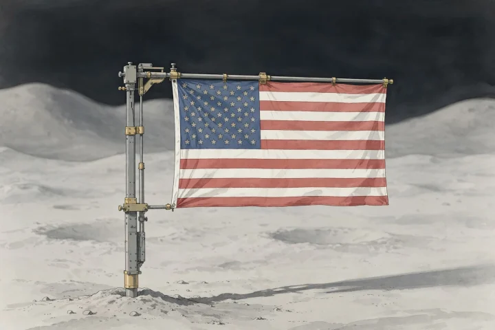Eine amerikanische Flagge, die von einer starren horizontalen Stützstange nach außen gehalten wird, steht allein in hellem Mondboden unter einem sanft verschwommenen Horizont.