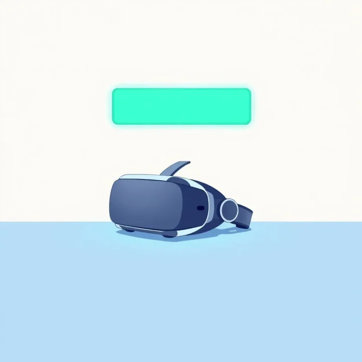 Minimalist illustration of a sleek VR headset resting on a blue surface with an emerald green glowing battery icon above it.