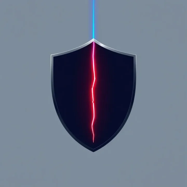 Minimalist metallic shield with a glowing crimson central crack illuminated by a blue laser beam on a dark slate background.