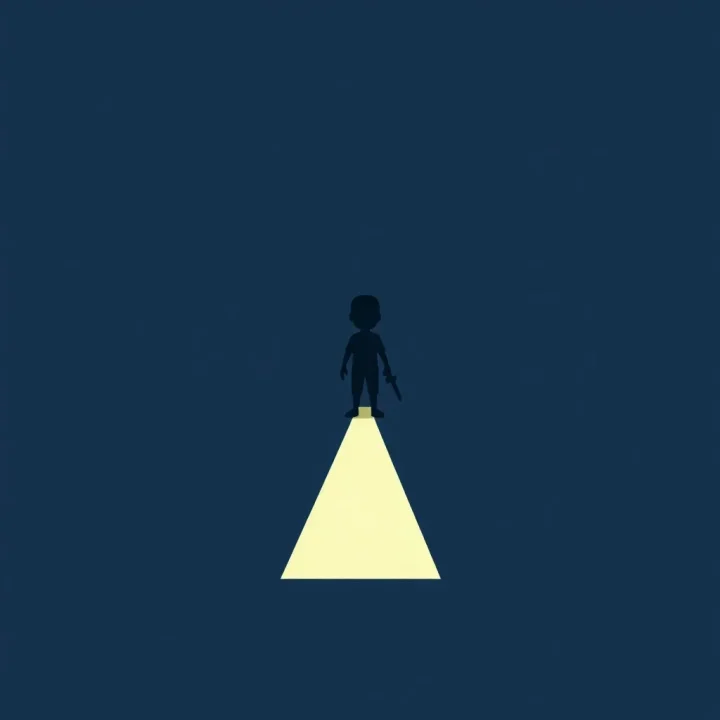 Die minimalistische Silhouette eines Spielcharakters steht an einer scharfen Gabelung eines leuchtenden Pfades vor einem dunkelblauen Hintergrund.