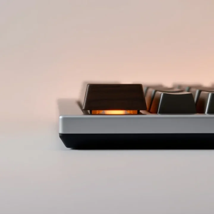 Uma tecla de teclado mecânico feita de madeira de nogueira escura repousando sobre uma superfície metálica sob iluminação lateral quente.