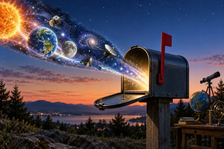 Ein geöffneter Hausbriefkasten empfängt unter einem Dämmerungshimmel einen leuchtenden Strom aus Erdbeobachtungssatelliten, Mond, Sonne und einem fernen Raumfahrzeug; im Hintergrund sind ein Globus und wissenschaftliche Instrumente zu erkennen.