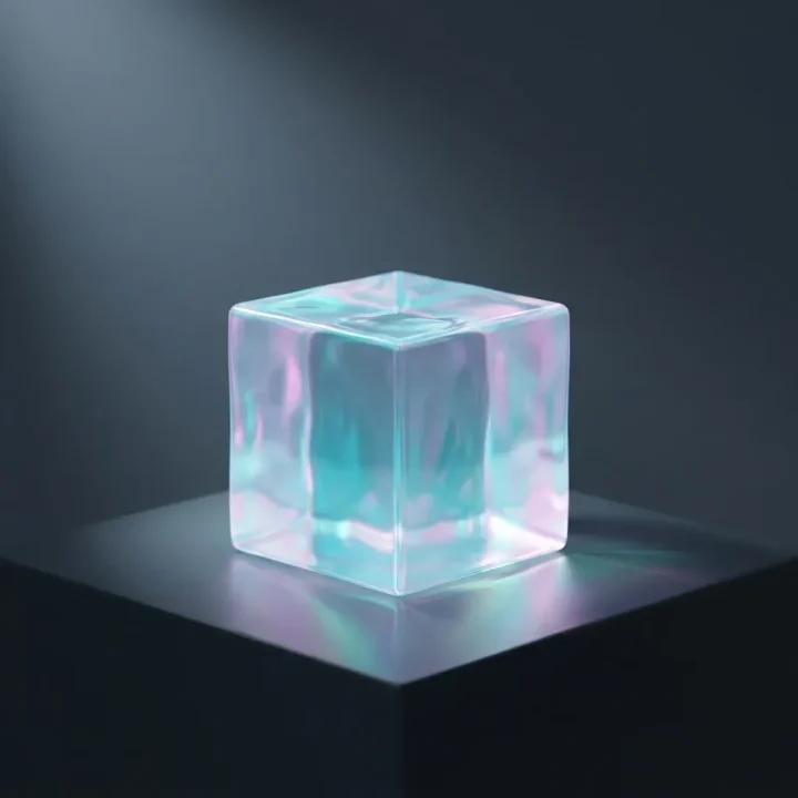 Ein zentraler, durchscheinender Glaskörper mit prismatischen Brechungen in Cyan und Magenta sowie sanften flüssigkeitsähnlichen Wellen auf einer dunklen, matten Oberfläche.