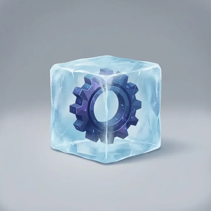 A stylized digital gear encased in a semi-transparent icy blue cube against a plain gray background.