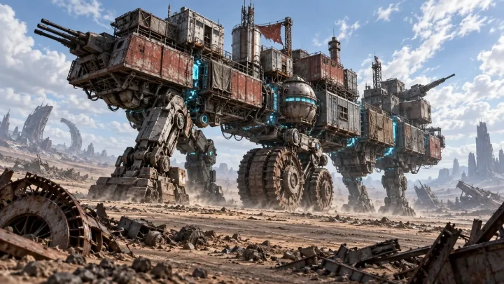 Une forteresse mobile modulaire en acier, composée de blocs disparates, de roues, de jambes mécaniques et d’armes, traverse une terre désolée jonchée de ferraille.