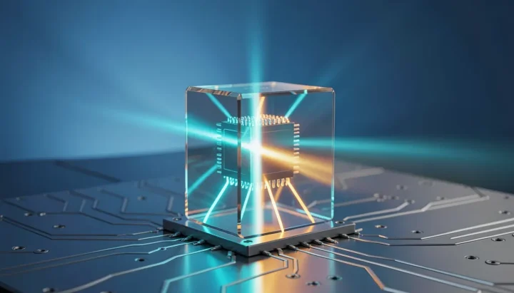 Editorial illustration of an optical microchip component glowing with cyan and amber light streams on a circuit board.