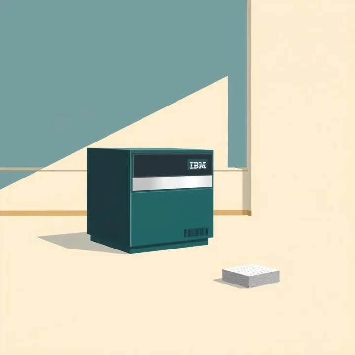 Uma ilustração editorial de um console de mainframe IBM 1401 feito de metal azul-petróleo escuro ao lado de uma pilha organizada de cartões perfurados em um escritório minimalista.
