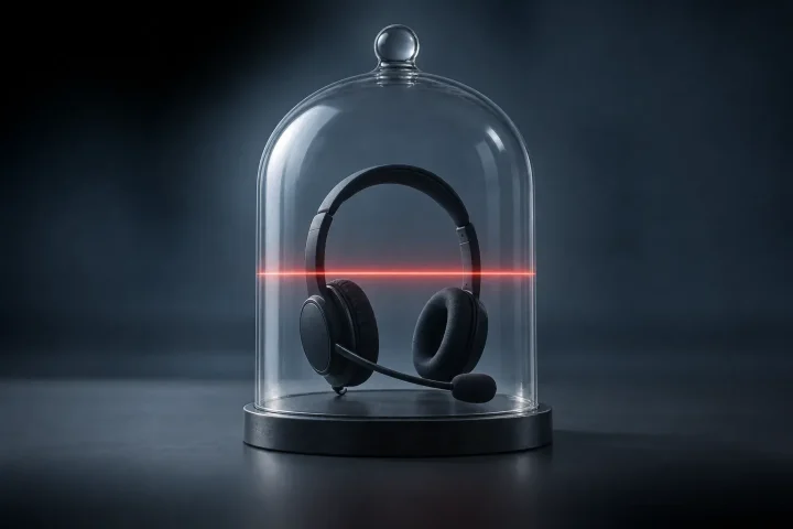 A teacher’s headset enclosed under a glass bell jar while a red scanning line suggests automated workplace scrutiny.