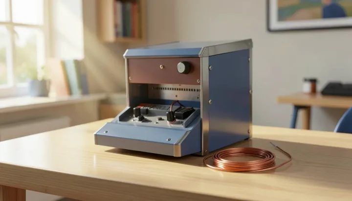 Gabinete de um kit de microcomputador retrô em aço cinza metálico e painéis azuis foscos sobre uma mesa de carvalho claro, ao lado de um fio de cobre enrolado.