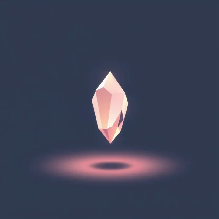 Un cristal rétro brillant à faible nombre de polygones, conçu avec une géométrie de gros pixels et flottant sur un fond sombre et mat.