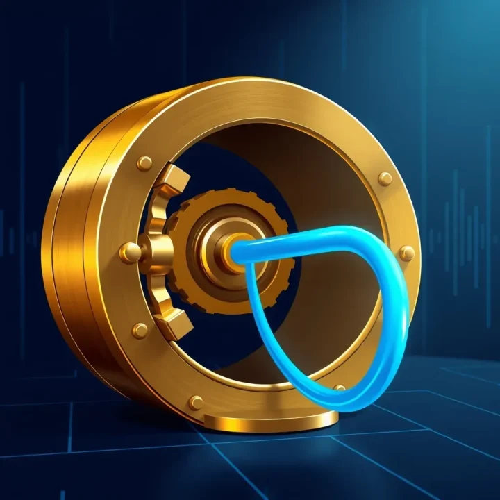 A large brass keyhole mechanism with copper gear teeth glowing as a cyan optical fiber enters it inside a dark navy digital chamber.