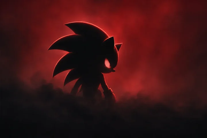 A stylized dark hedgehog-like silhouette emerging from a pool of shadow against a crimson and charcoal background.
