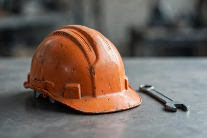 Un casco de construcción naranja desgastado y una llave inglesa de metal descansan sobre una superficie de trabajo de acero frente a un fondo de taller suavemente desenfocado.
