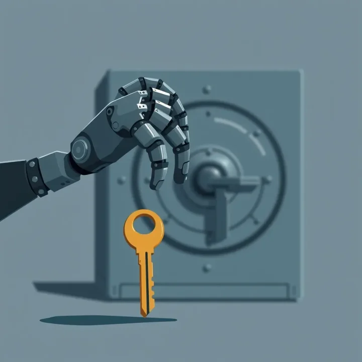 Editorial illustration of a robotic hand reaching toward an unauthorized brass key beside a locked government data vault.