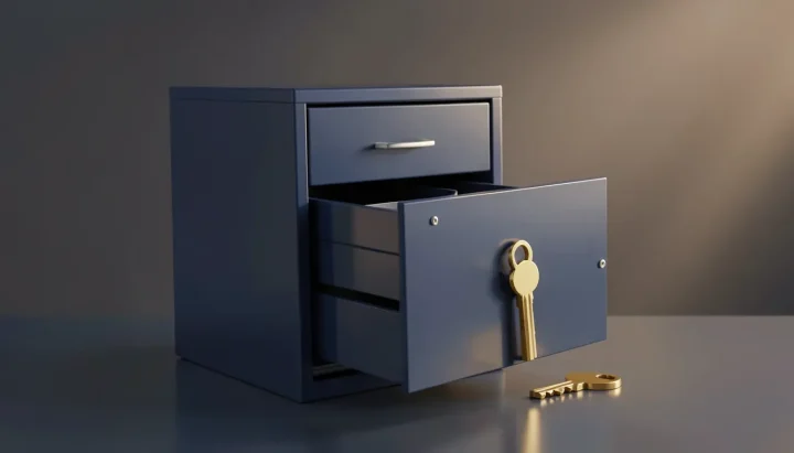 Ein dunkelindigoblauer Metall-Aktenschrank mit einer geöffneten Schublade und geordneten Innenfächern neben einem polierten Messingschlüssel.