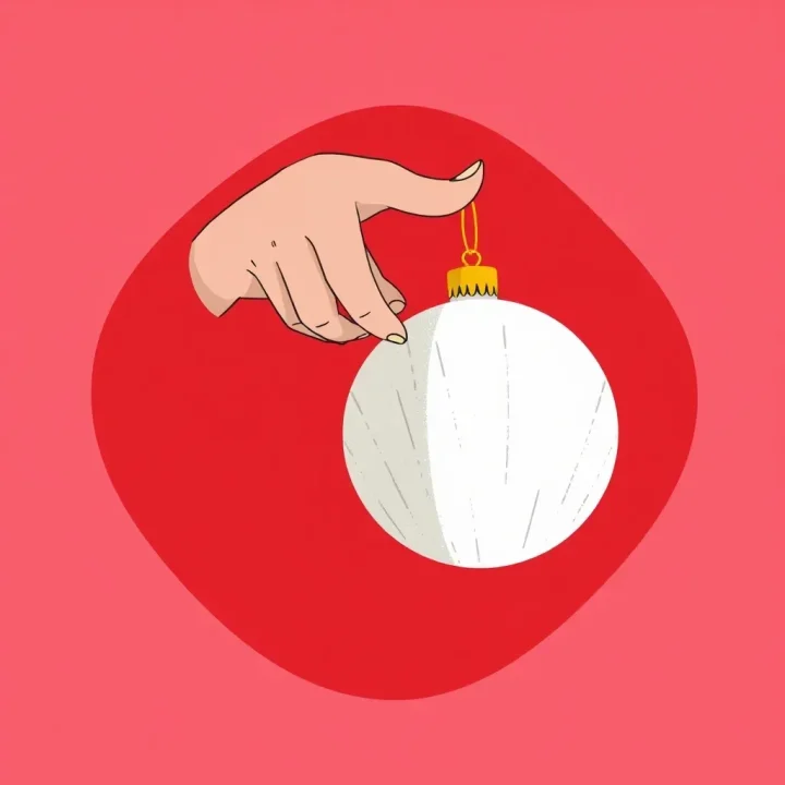Minimalistische Konzeptillustration einer stilisierten Hand, die aus einem Block aus strukturiertem weißem Schaumstoff vor einem weichen roten Hintergrund einen Weihnachtsbaumschmuck formt.
