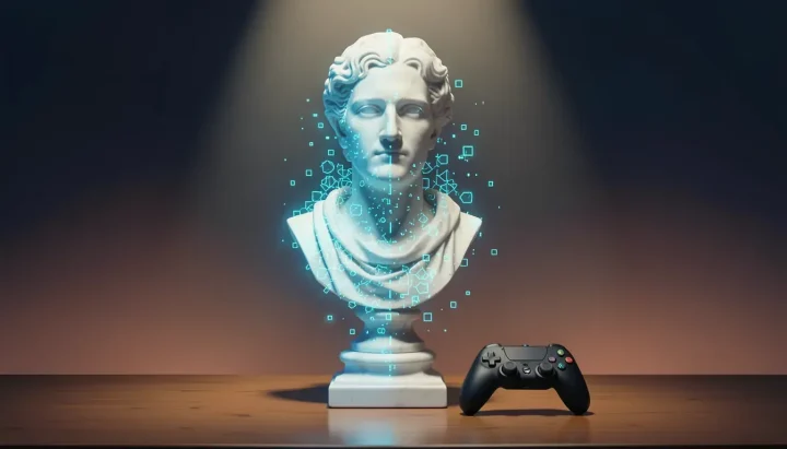 Un buste en marbre blanc classique d'un philosophe antique, à moitié composé de pierre solide et à moitié se dissolvant en pixels numériques cyan, posé à côté d'une manette de jeu vidéo moderne sur une surface sombre et polie.