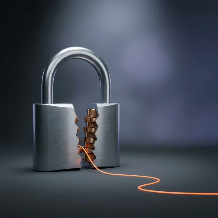 Ein zentrales Vorhängeschloss aus gebürstetem Stahl, das in der Mitte zerbrochen ist und innere Bronzezylinder vor einem dunklen Hintergrund mit orangefarbener Glasfaserbeleuchtung freilegt.