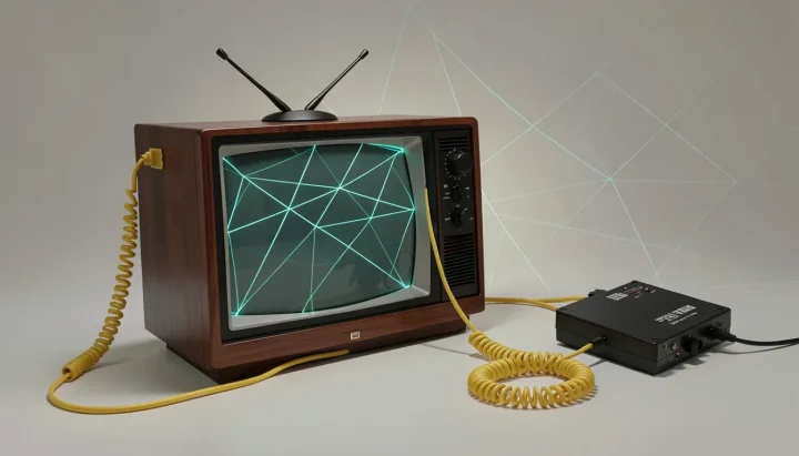 Un téléviseur rétro des années 1970 modifié relié à un module électronique noir par un câble jaune torsadé, émettant des lignes de grille bleu-vert lumineuses sur un fond gris chaud.