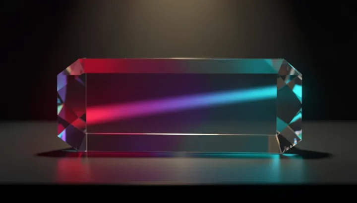 A clear polished glass crystal prism resting on a dark workbench, refracting a single red light beam into cyan and violet pulses.