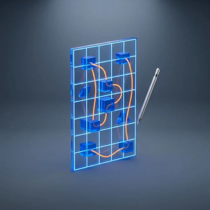 Eine redaktionelle Illustration eines vertikalen, blau leuchtenden Acryl-Blaupausenrasters mit transluzenten dreidimensionalen geometrischen Serverknoten, die durch orangefarbene Kabel auf einer schiefergrauen Werkbank verbunden sind.