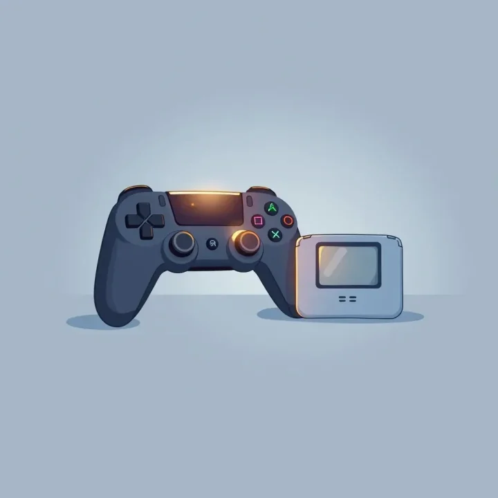 Un elegante mando de consola junto a un cartucho de juego estilizado reposando sobre una superficie reflectante con degradado.