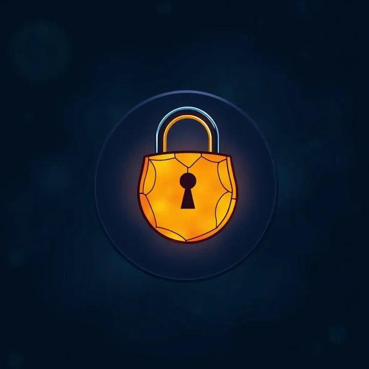 An editorial illustration featuring a central translucent stained-glass padlock in warm amber surrounded by a protective indigo dome against a dark blue background.
