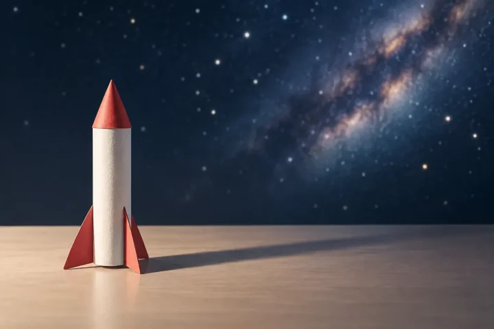 Une fusée en papier construite par un étudiant se dresse sur un établi, tandis que son ombre s’étend vers un champ d’étoiles légèrement flou, symbole de l’éducation comme voie vers l’exploration spatiale.