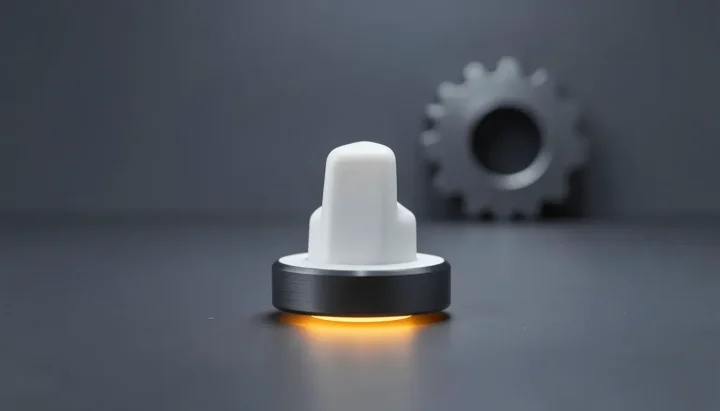 A physical dark grey and white toggle switch flipped upward with an amber glow underneath, set against a minimalist dark slate workbench.