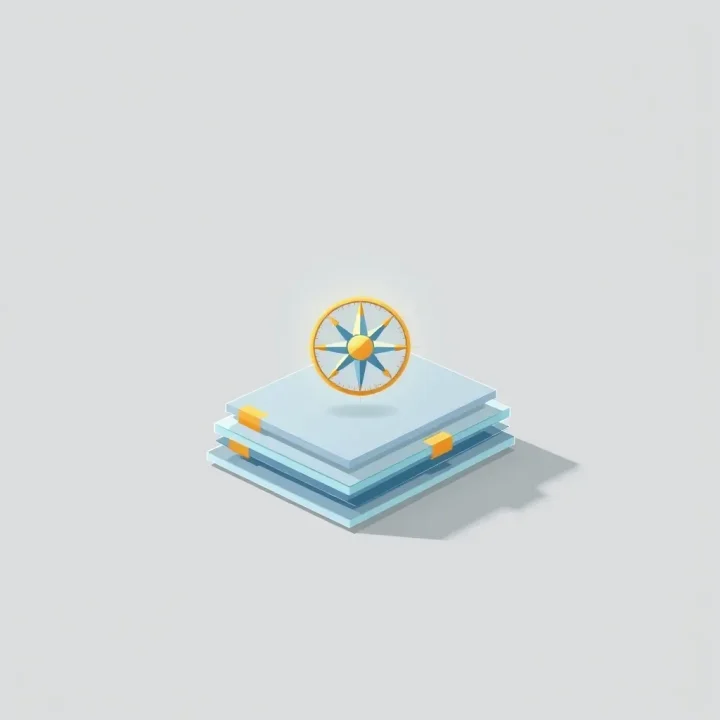 An abstract representation of structured knowledge navigation showing a stylized central compass above layered translucent glass documents.
