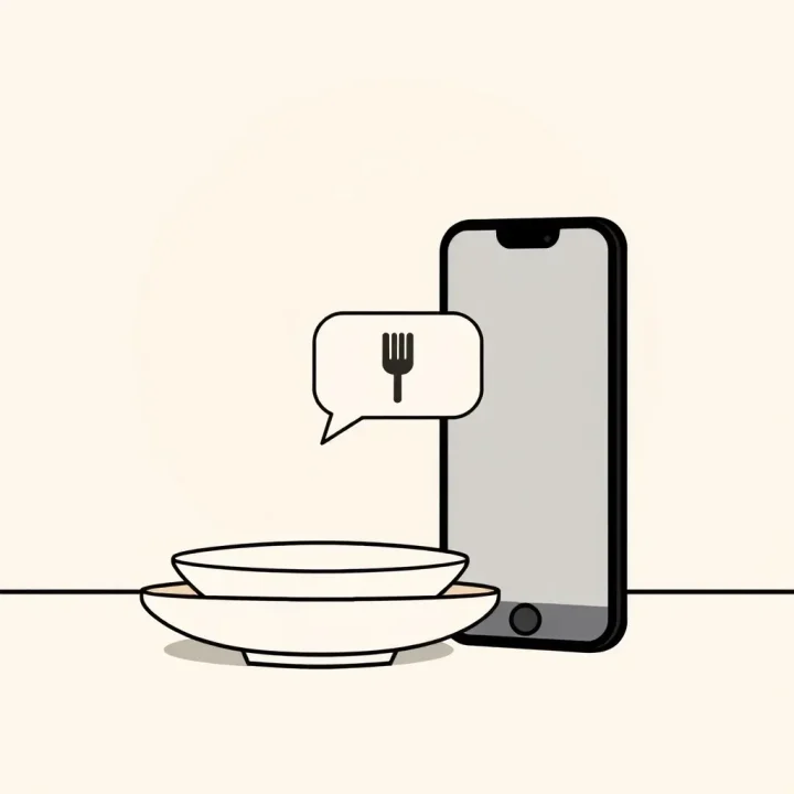 A minimal conceptual illustration of a smartphone displaying a chat bubble alongside a plate on a table.
