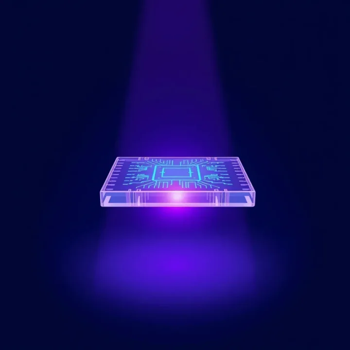 Ilustração editorial de uma fatia translúcida de wafer de silício iluminada por um feixe de luz ultravioleta profunda, destacando a criação de padrões microscópicos de circuitos.